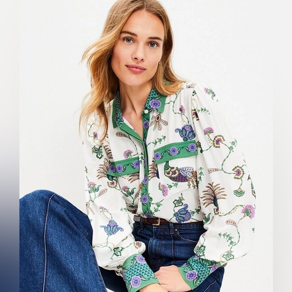 LOFT Peacock floral rayon button-up blouse